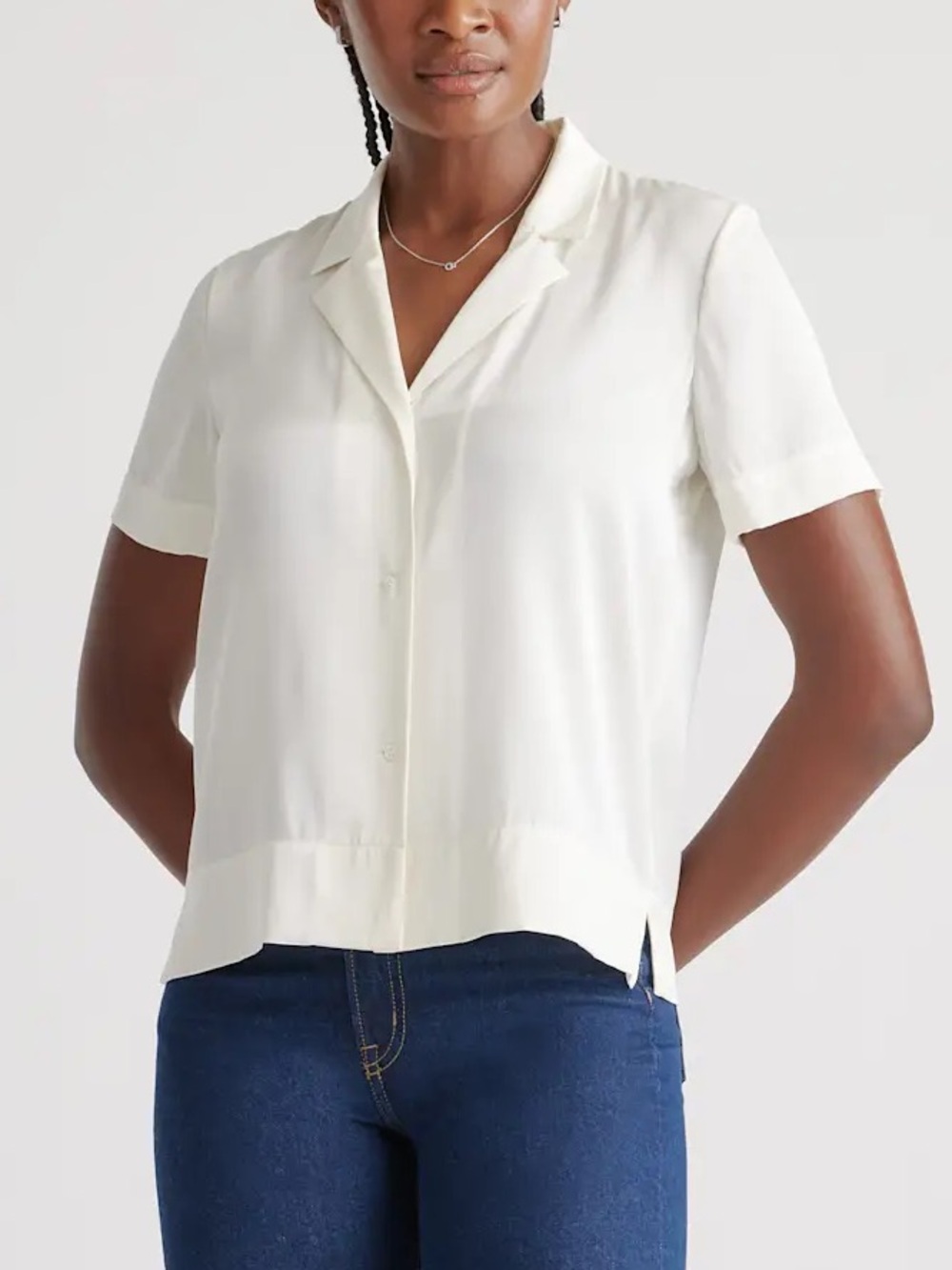NWOT Quince XL Washable Stretch Silk Notch Collar Buttondown Blouse Top Ivory